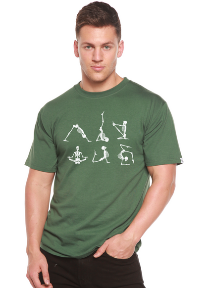 Men's dark green short sleeve graphic t-shirt with white skeleton yoga artwork