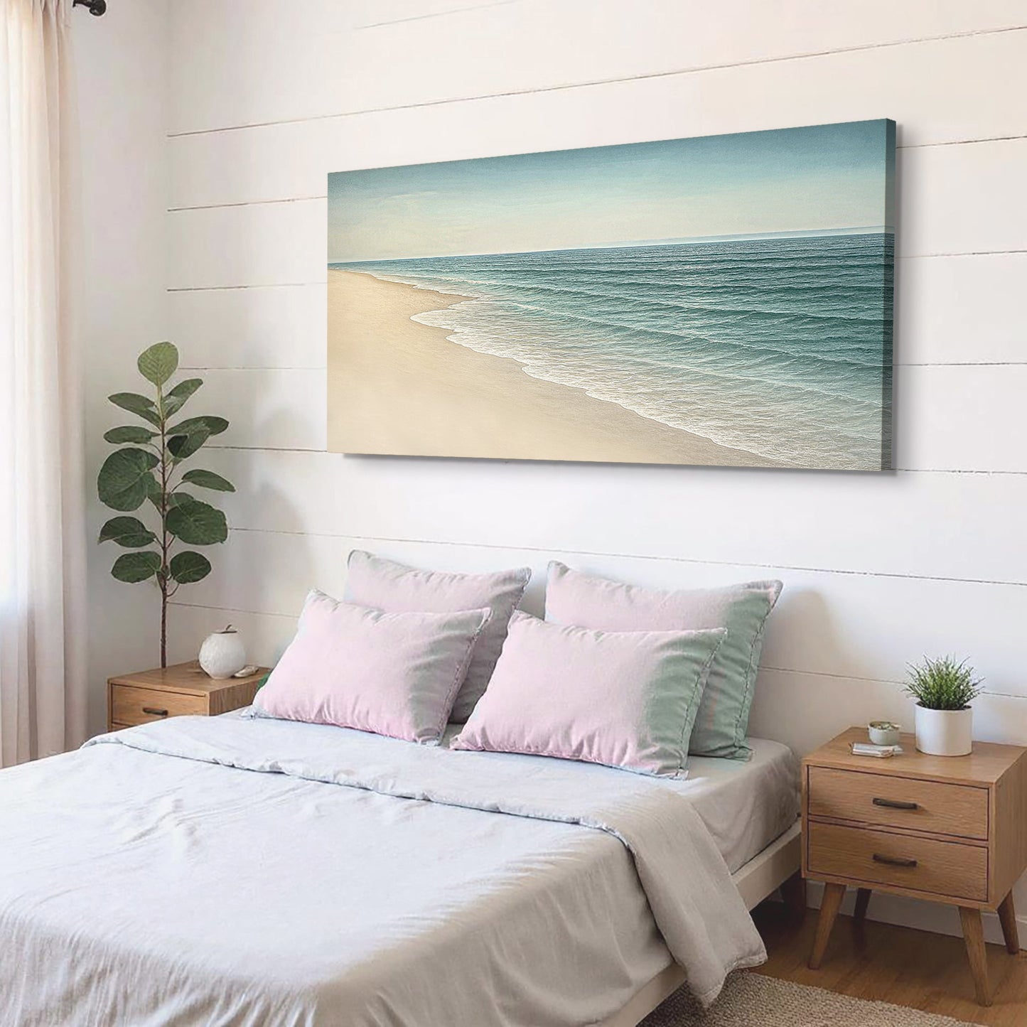 Beach shoreline canvas wall art with pale sand, foamy waves, and blue-green ocean water.