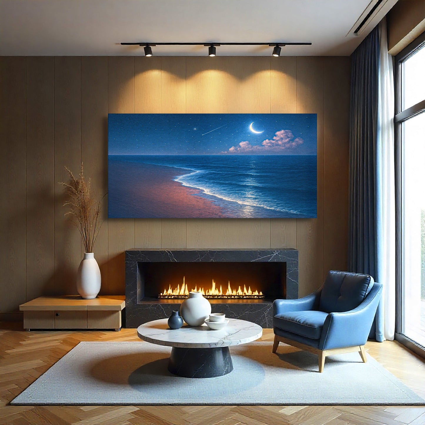 Moonlit beach ocean wall art canvas with moon over waves and sandy shoreline