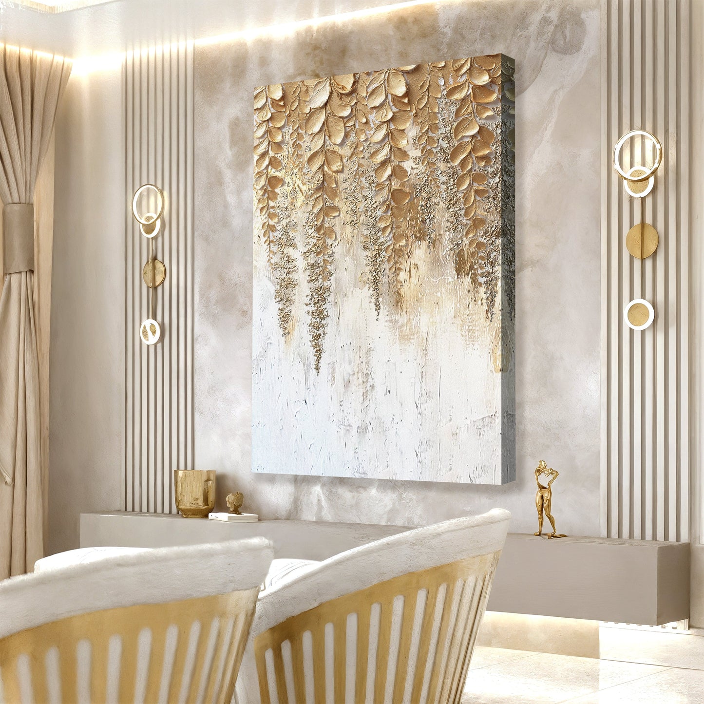 Gold wisteria relief wall art panel with raised leaf pattern on white canvas.
