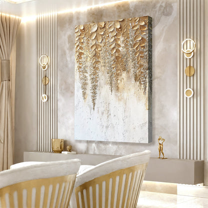 Gold wisteria relief wall art panel with raised leaf pattern on white canvas.