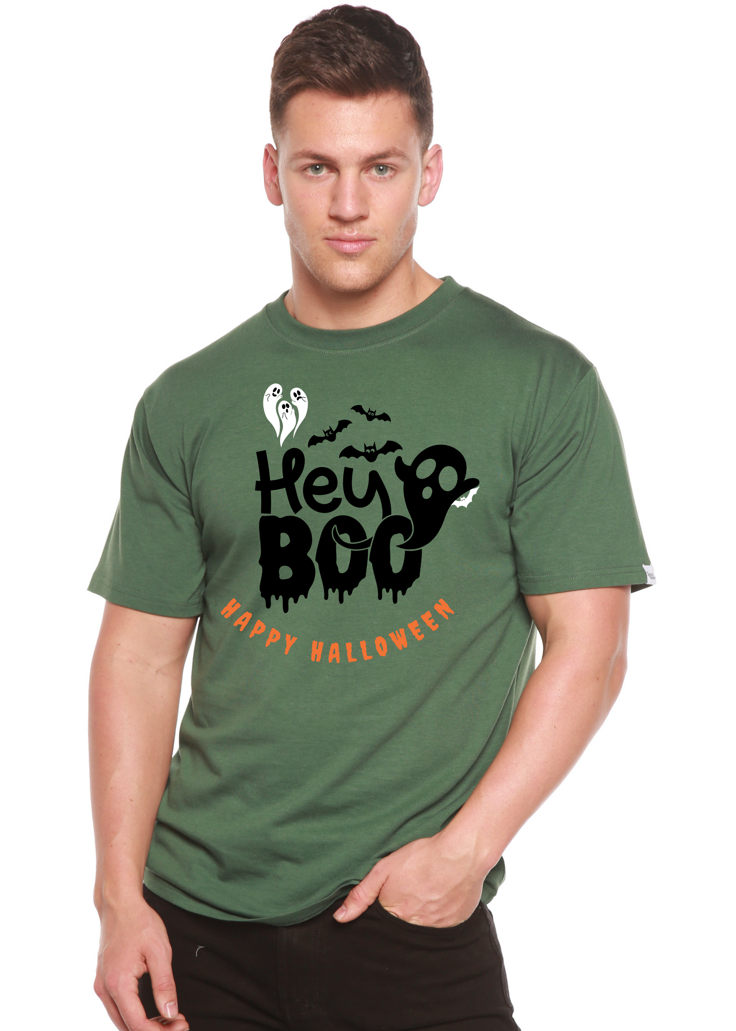 Men's dark green graphic T-shirt with 'Hey Boo' Halloween text and ghost/bat print