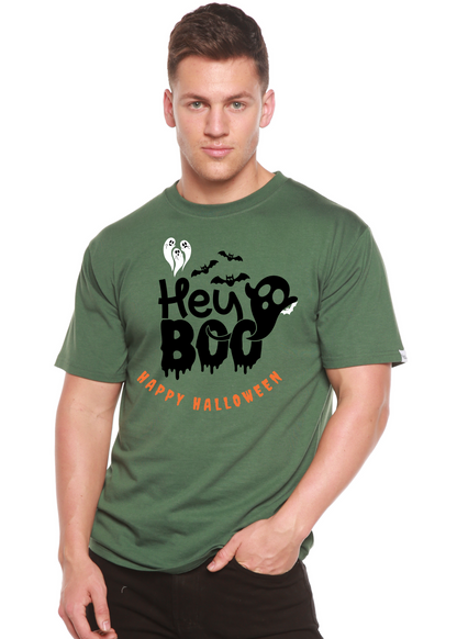Men's dark green graphic T-shirt with 'Hey Boo' Halloween text and ghost/bat print