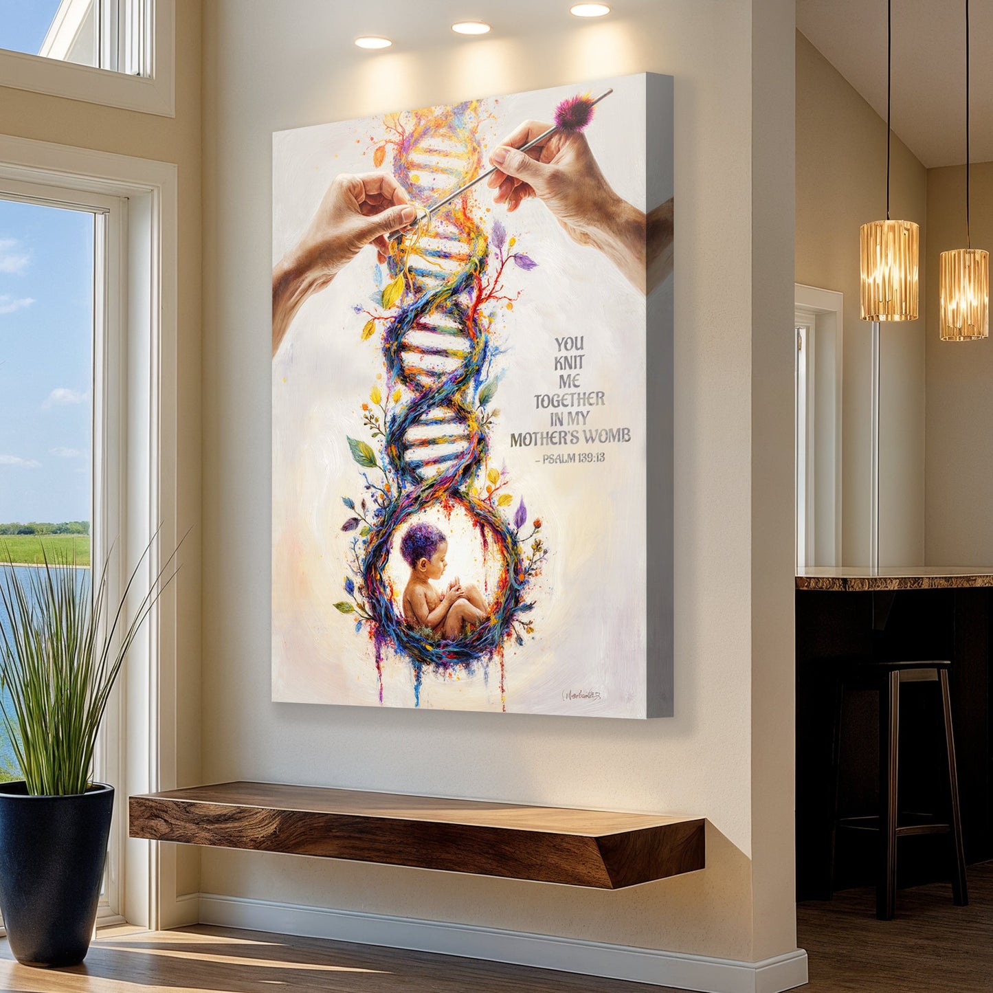 Psalm 139 knit-themed wall art canvas with multicolor DNA figure and baby in yarn