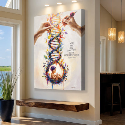 Psalm 139 knit-themed wall art canvas with multicolor DNA figure and baby in yarn