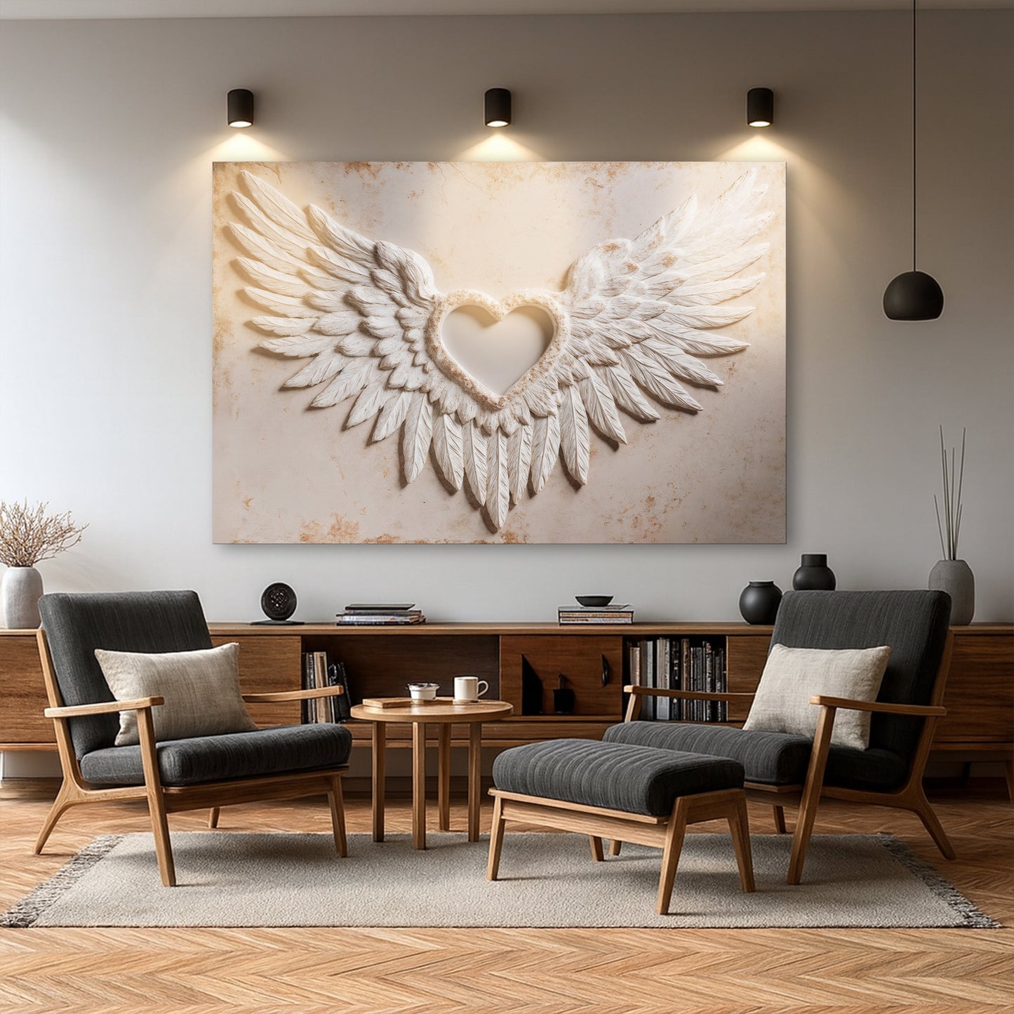 Abstract wall art canvas with angel wings framing a heart motif