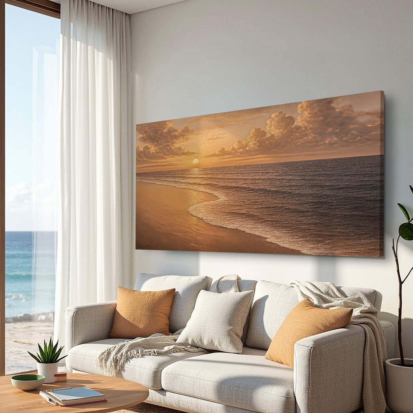 Coastal beach wall art canvas with golden sunset light on ocean shoreline