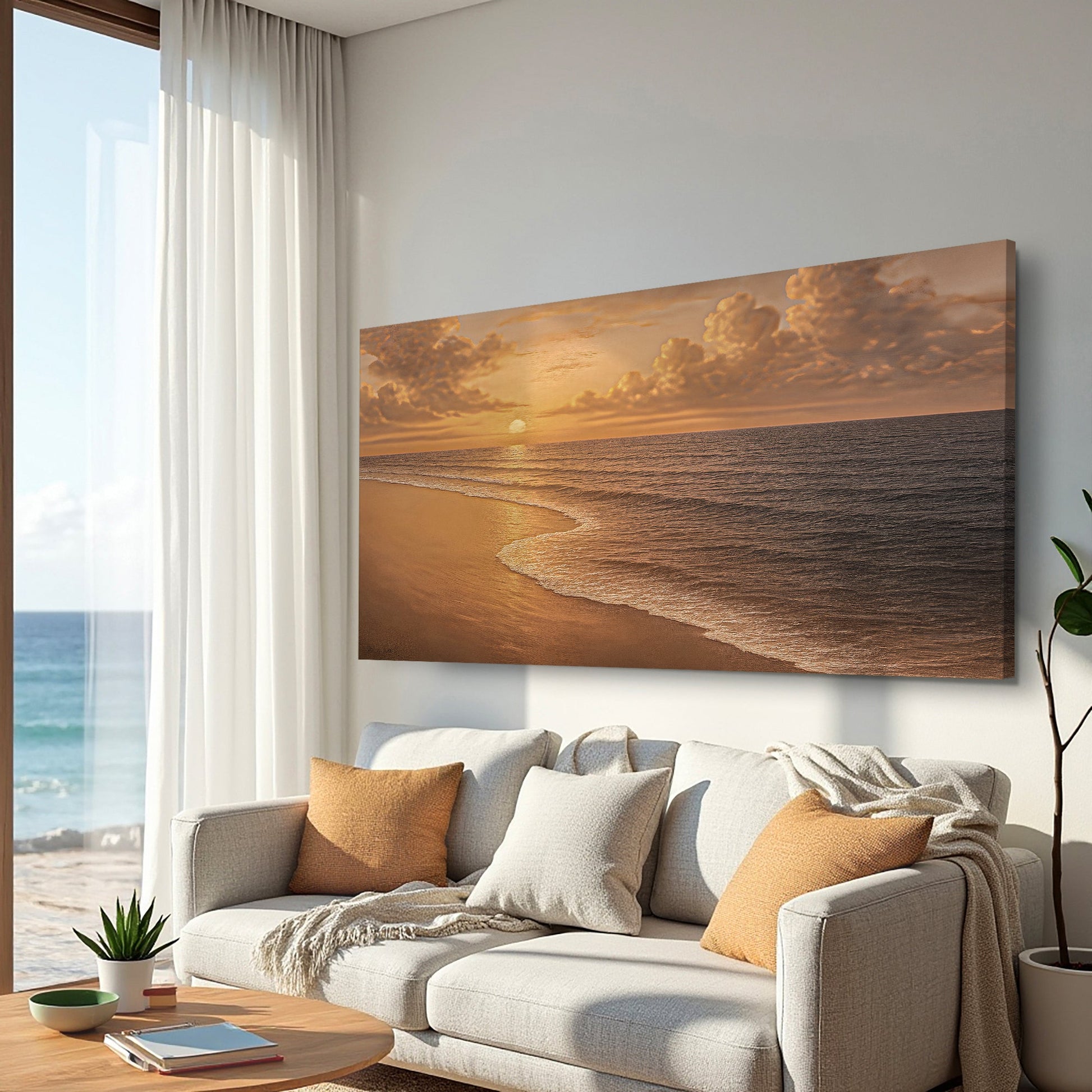 Coastal beach wall art canvas with golden sunset light on ocean shoreline