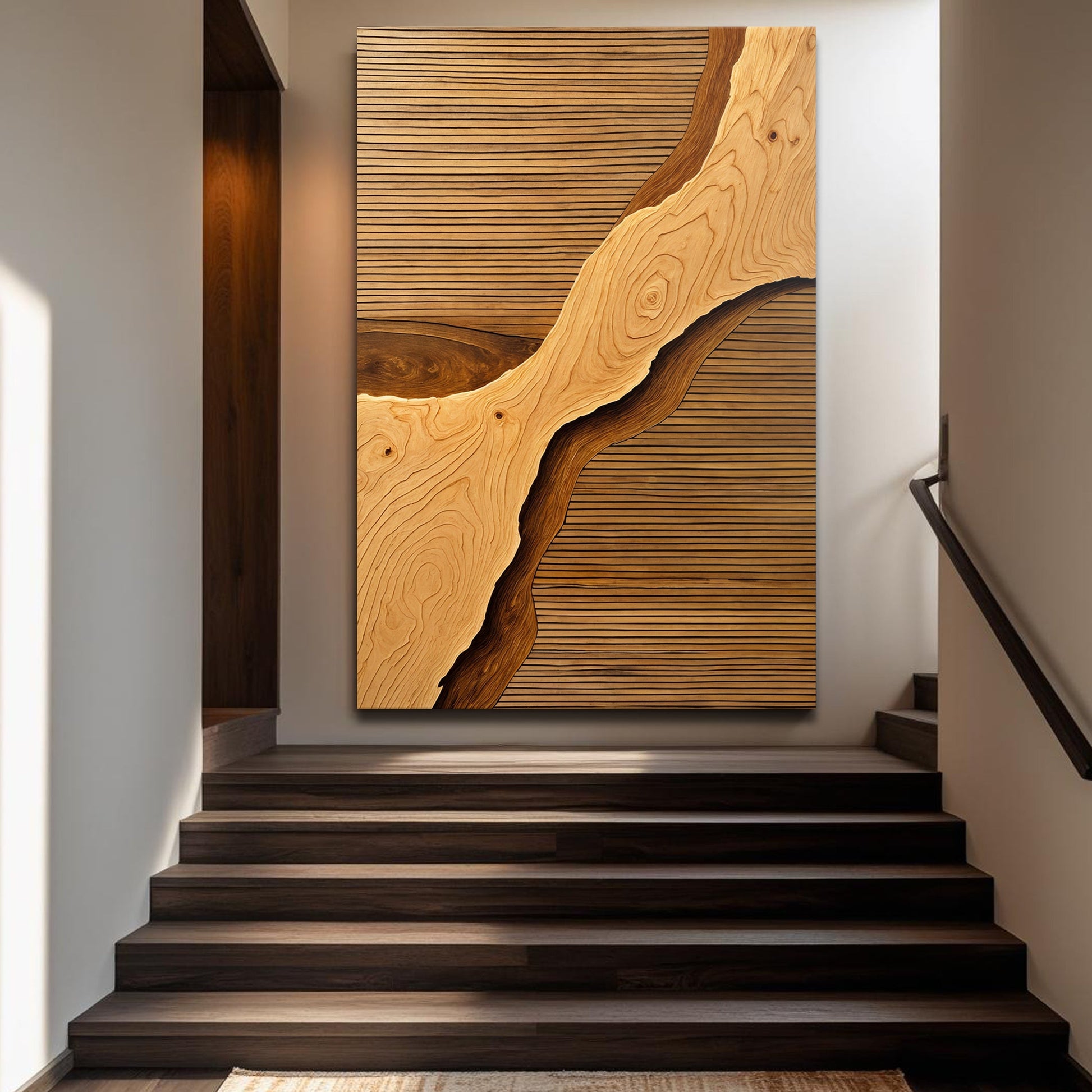 Wood rift wall art featuring a curved wood-grain pattern on steps wall