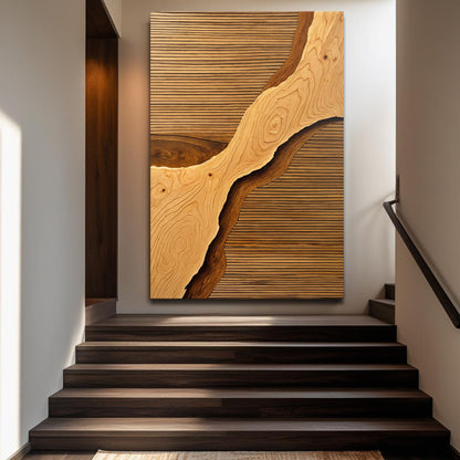 Wood rift wall art featuring a curved wood-grain pattern on steps wall