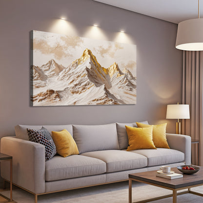 Framed snowy mountain peaks canvas wall art with gold highlights