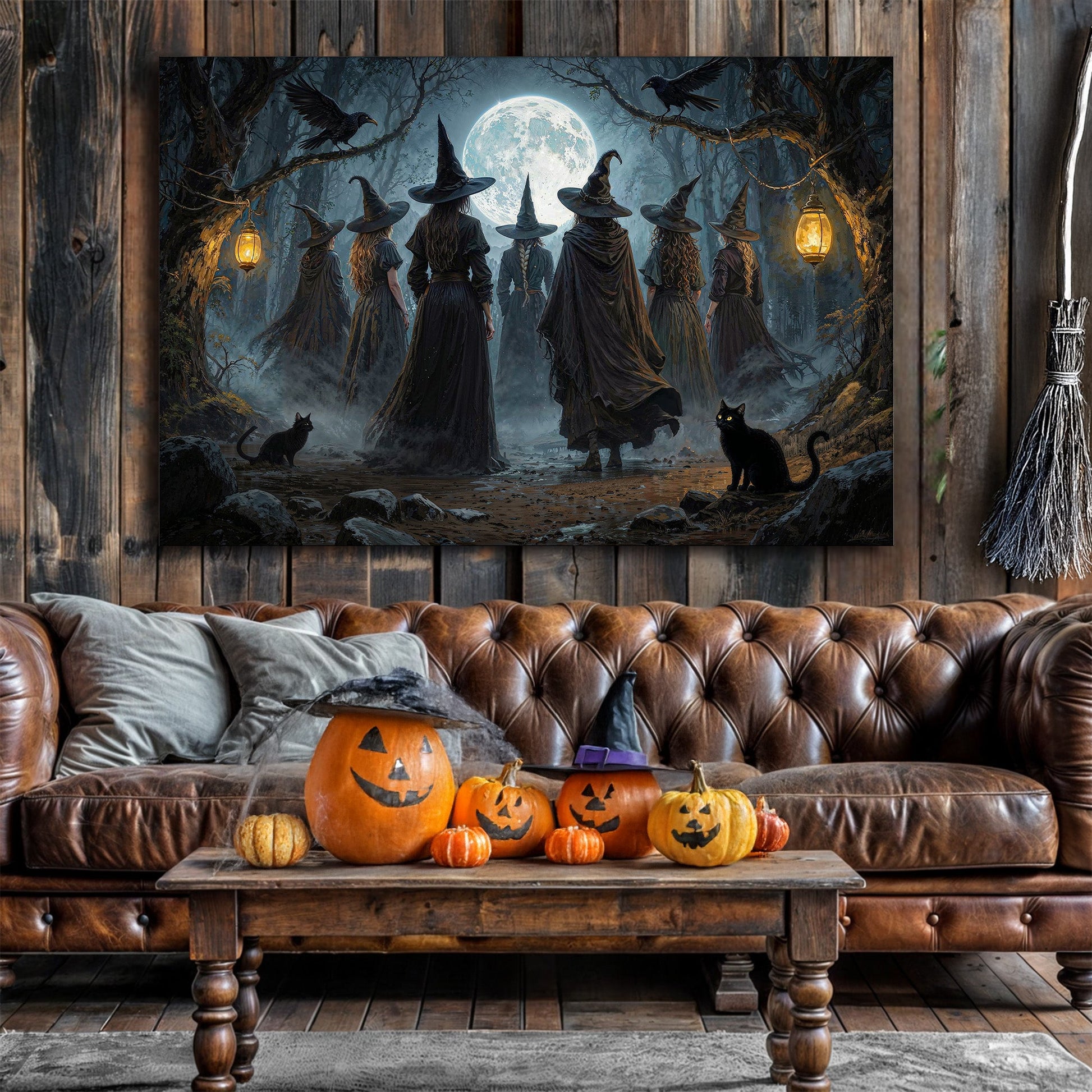 Halloween witch wall art canvas with full moon, cloaked figures, and a black cat.