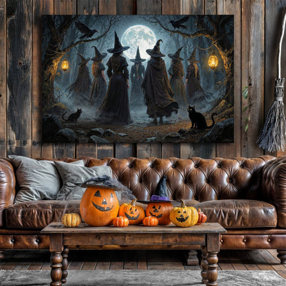 Halloween witch wall art canvas with full moon, cloaked figures, and a black cat.