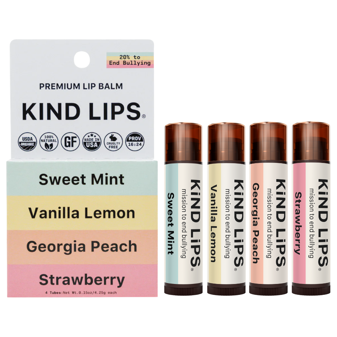 Lip balm variety pack with four tubes: Sweet Mint, Vanilla Lemon, Georgia Peach, Strawberry