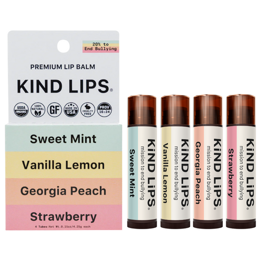Lip balm variety pack with four tubes: Sweet Mint, Vanilla Lemon, Georgia Peach, Strawberry