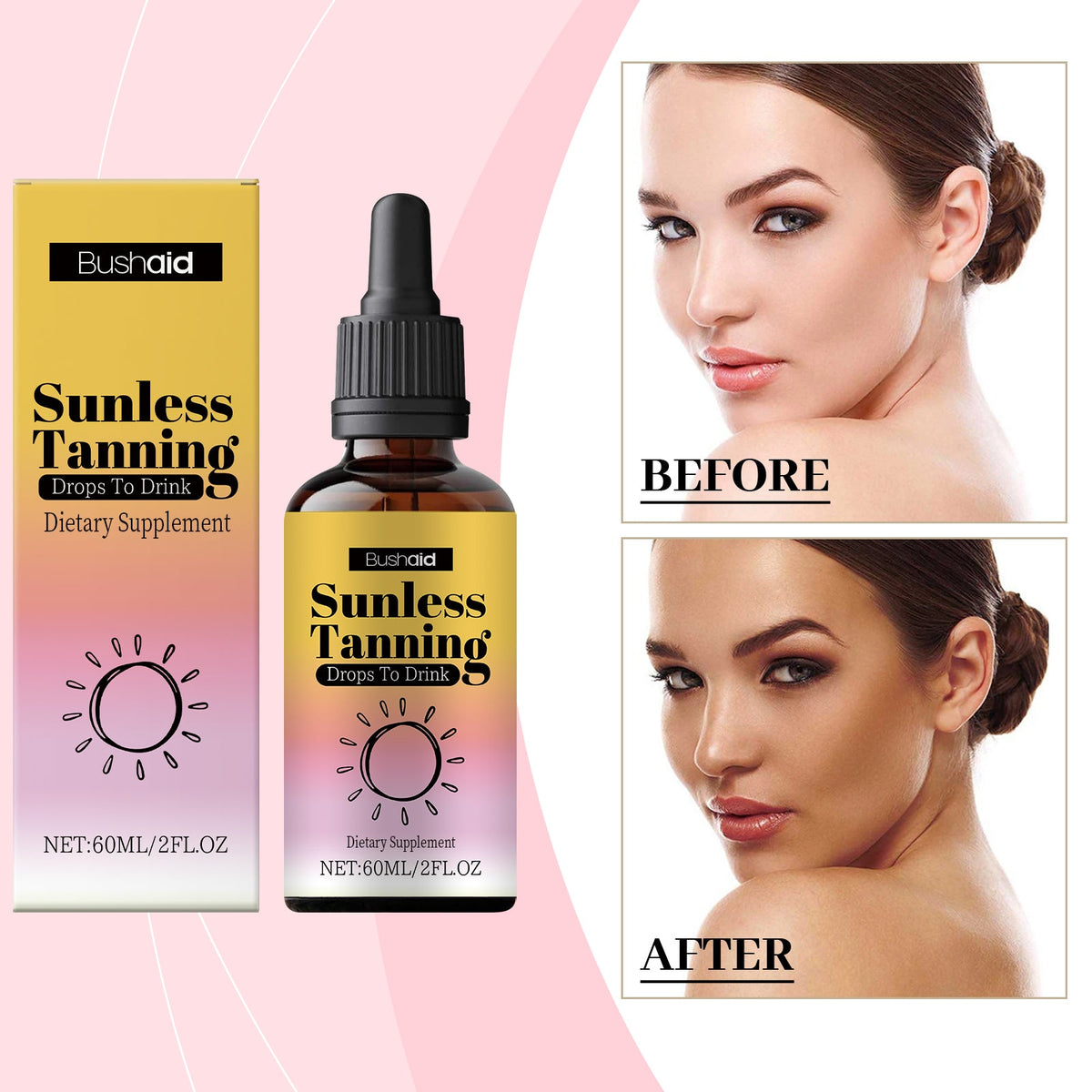 Oral sunless tanning drops bottle with dropper, box, and face before/after panels