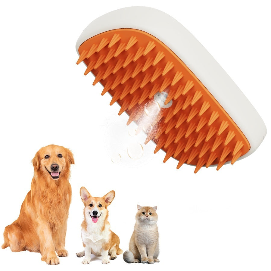 Pet grooming steam brush with orange bristles on a white handheld body