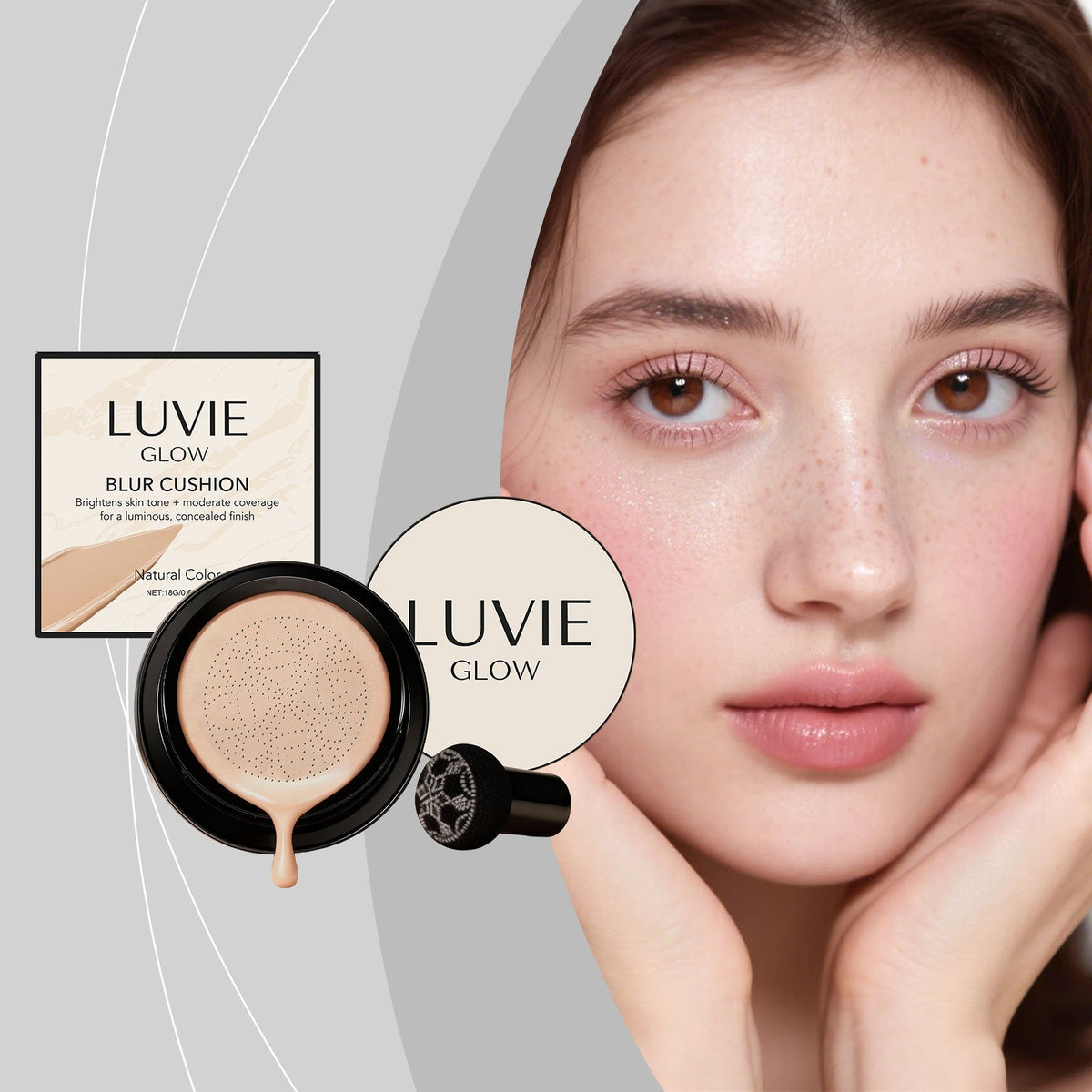 Natural shade blur cushion foundation compact with sponge applicator near model face