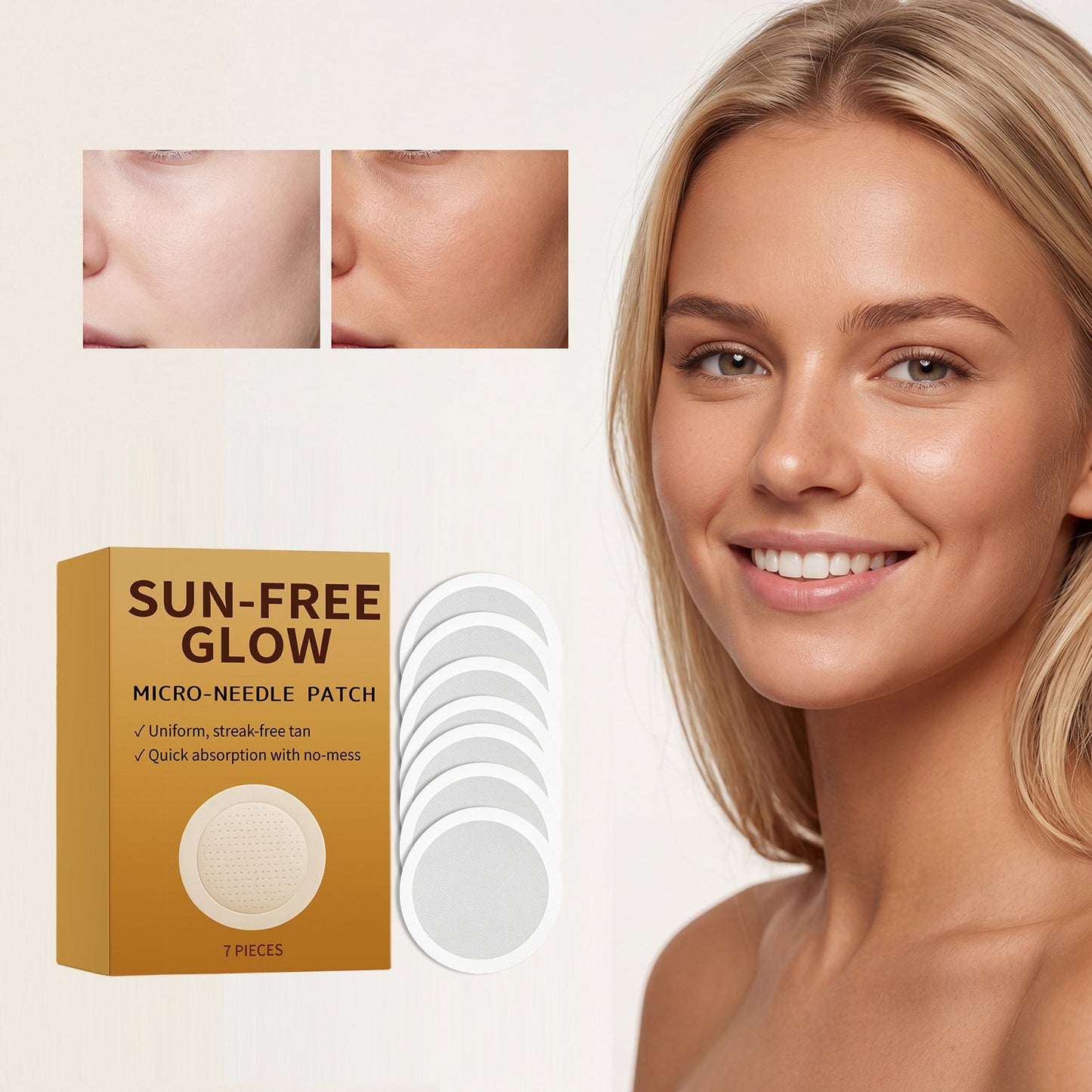 Micro-needle tanning patch set with SUN-FREE GLOW box and circular pads in holder