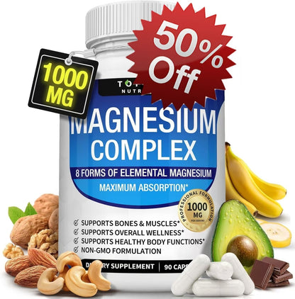 Magnesium Complex Supplement 8 Elemental 1000mg - Magnesium Glycinate, Citrate, Malate, Taurate, Chelated for Easy Absorption for Bones, Muscle, Recovery, Energy, Vegan Non-GMO 90 Capsules