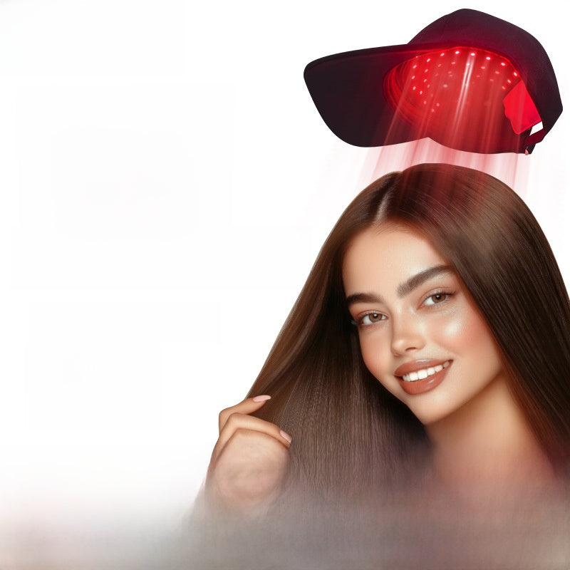 Hair growth cap with red LEDs shining above head, worn by model