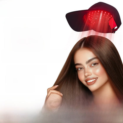 Hair growth cap with red LEDs shining above head, worn by model