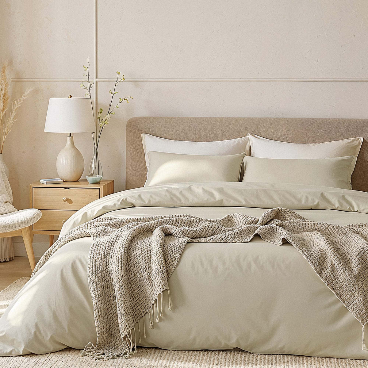 Luxe sateen pillowcase set, cream with matching pillowcases and visible fabric folds