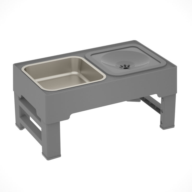 Elevated dog double feeding bowl stand with stainless food bowl insert in gray frame