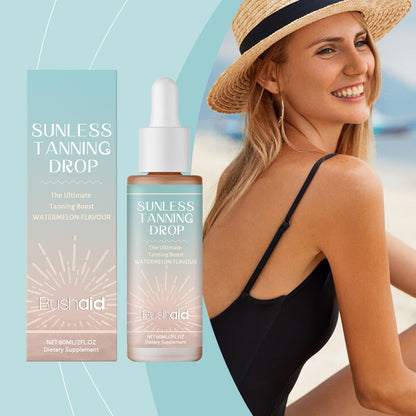 Oral sunless tanning drop bottle with box next to smiling woman wearing straw hat