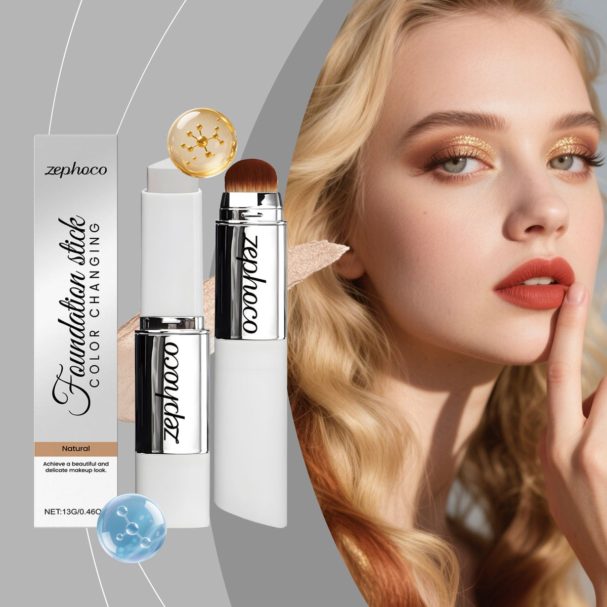 Color-changing concealer foundation stick, Natural shade, with gold cap and applicator brush