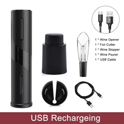Rechargeable wine bottle opener set, black with stopper, pourer, foil cutter, USB cable