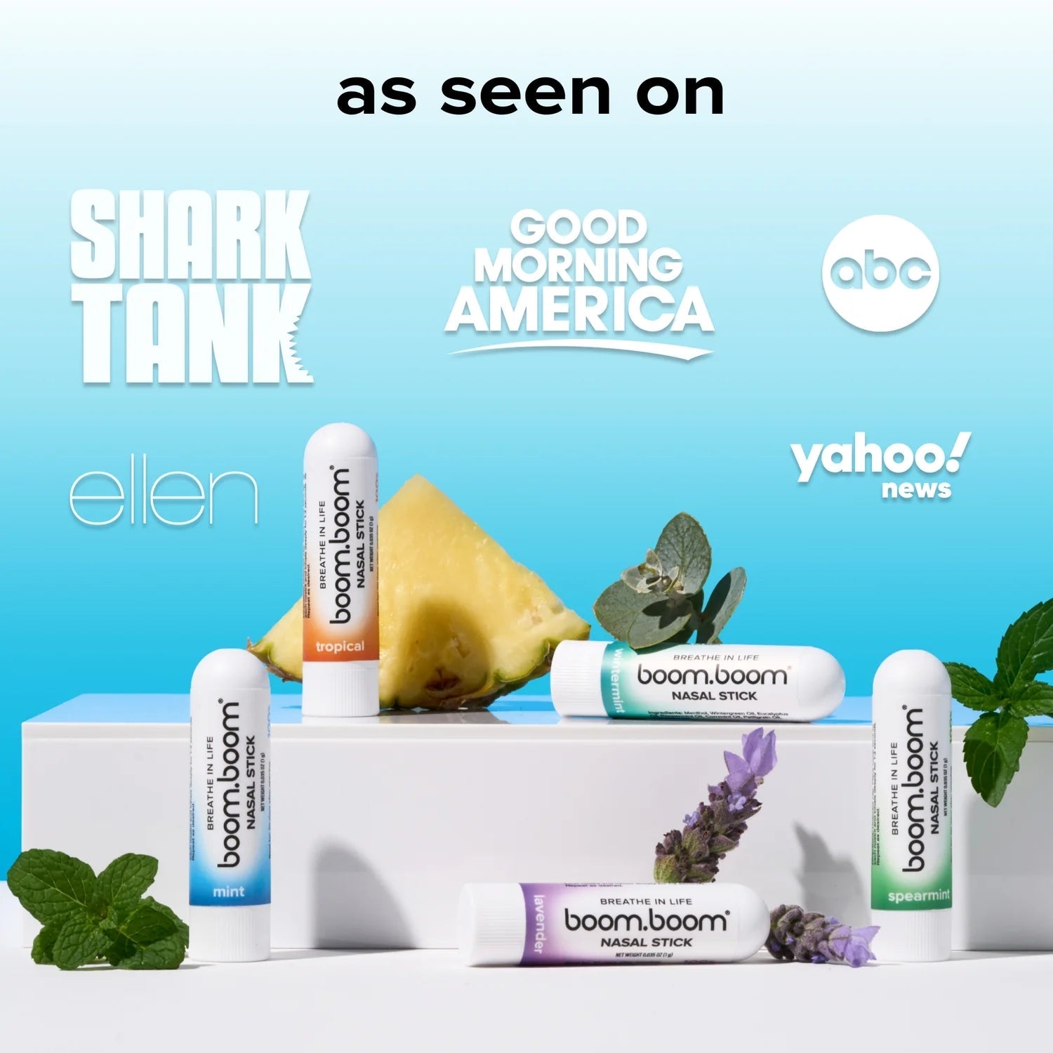 Nasal stick products with three sticks standing from display packaging