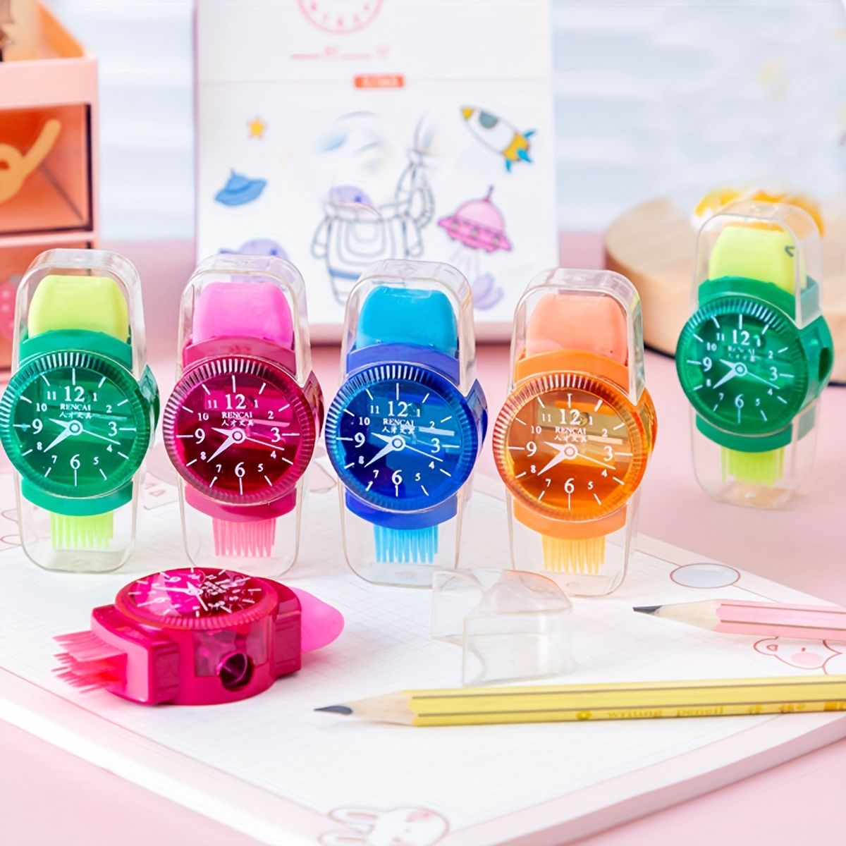 4pcs Creative Watch Shape Pencil Sharpener With Eraser Cleaning Brush 3 In 1 Multifunctional Student Stationery - Renee Lane Company