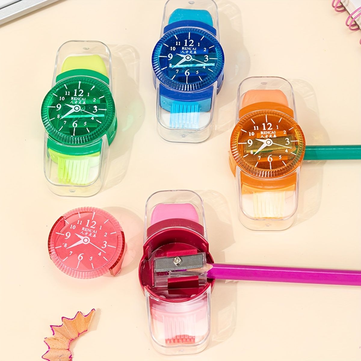 4pcs Creative Watch Shape Pencil Sharpener With Eraser Cleaning Brush 3 In 1 Multifunctional Student Stationery - Renee Lane Company
