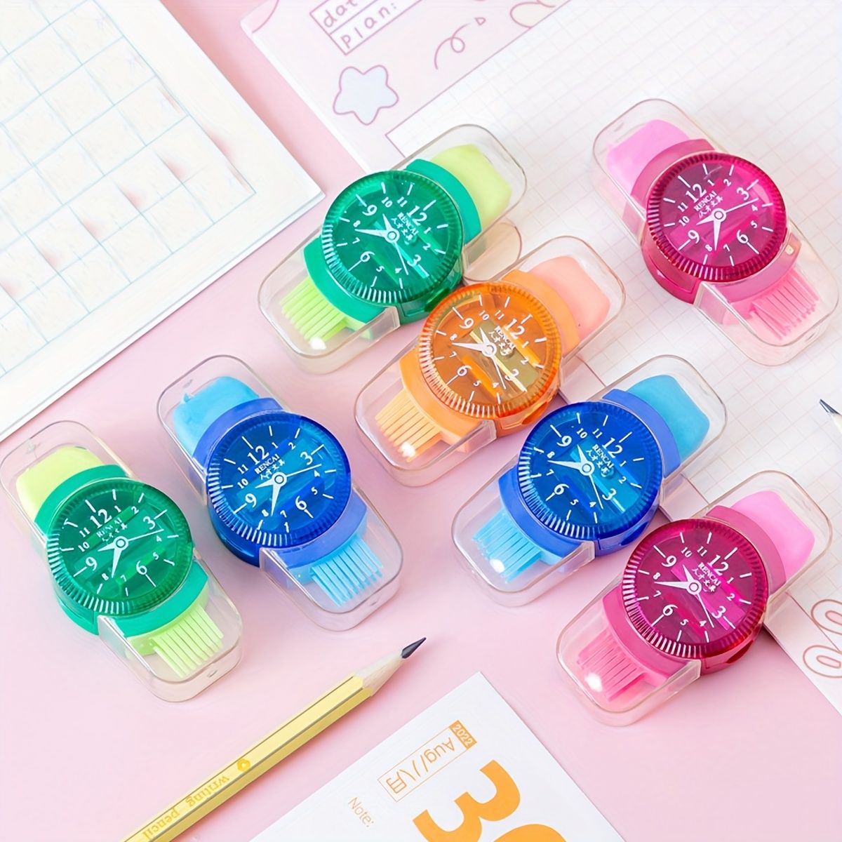 4pcs Creative Watch Shape Pencil Sharpener With Eraser Cleaning Brush 3 In 1 Multifunctional Student Stationery - Renee Lane Company