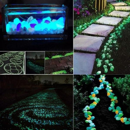 Glow-in-the-dark garden pebbles with bright blue glow in a clear container