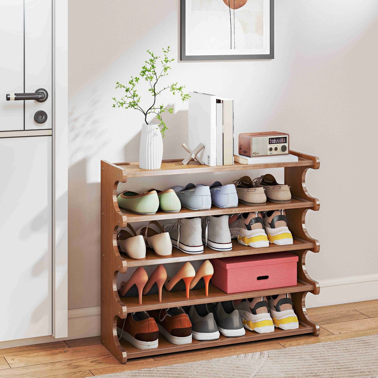 5/6-layer practical storage rack, shoe rack, space-saving design, multi-layer independent storage rack, wood grain finish, easy to assemble, self-supporting cubic shoe storage rack, storage rack, sui - Renee Lane Company
