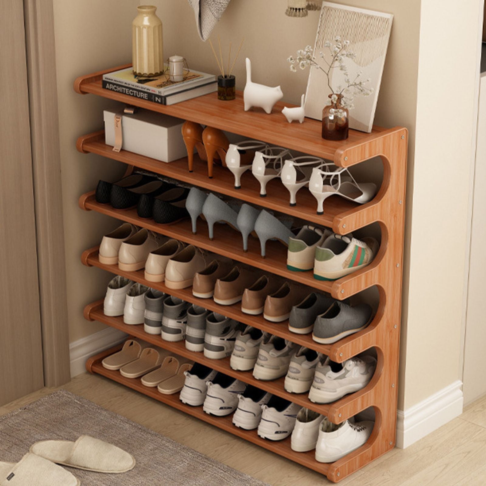 5/6-layer practical storage rack, shoe rack, space-saving design, multi-layer independent storage rack, wood grain finish, easy to assemble, self-supporting cubic shoe storage rack, storage rack, sui - Renee Lane Company