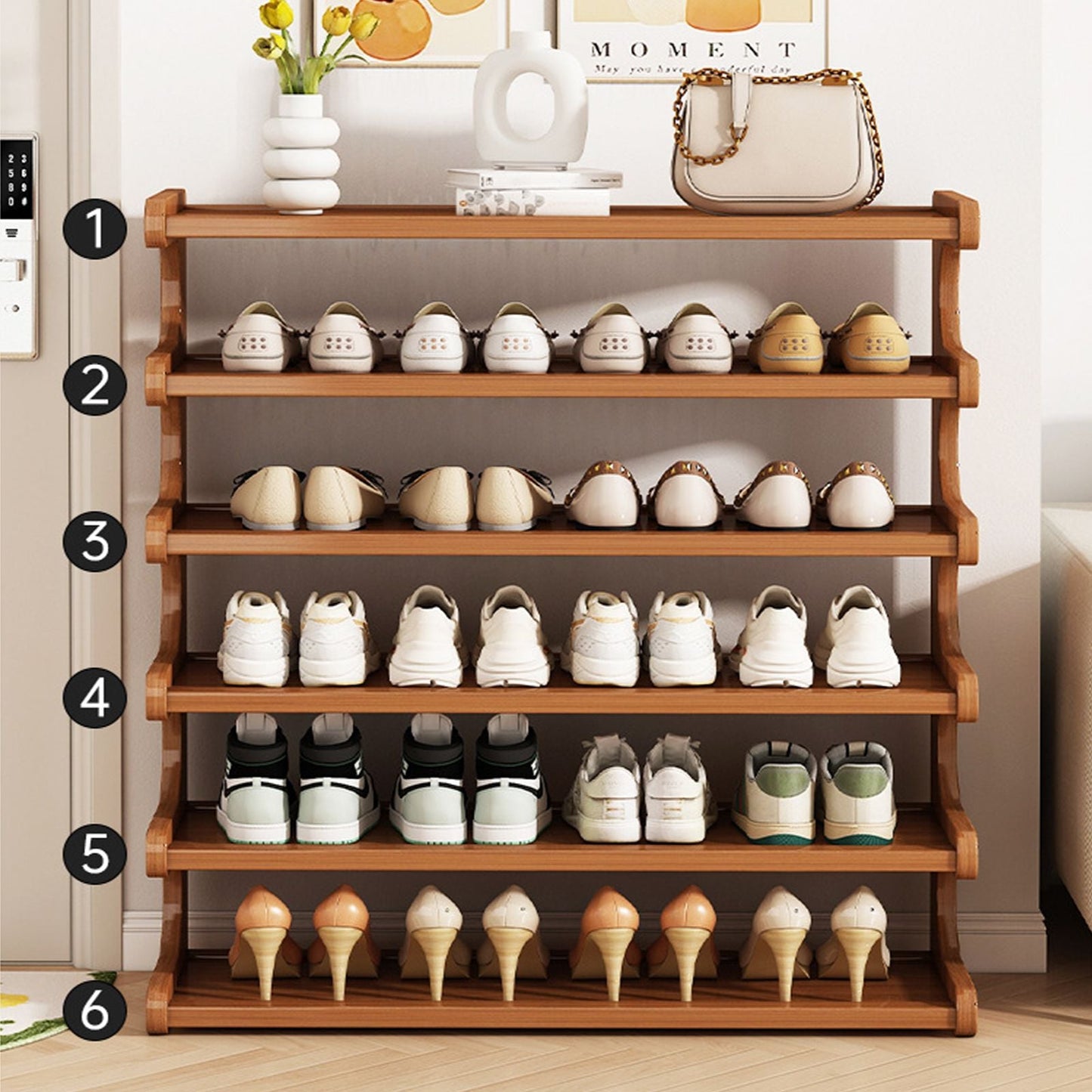 5/6-layer practical storage rack, shoe rack, space-saving design, multi-layer independent storage rack, wood grain finish, easy to assemble, self-supporting cubic shoe storage rack, storage rack, sui - Renee Lane Company