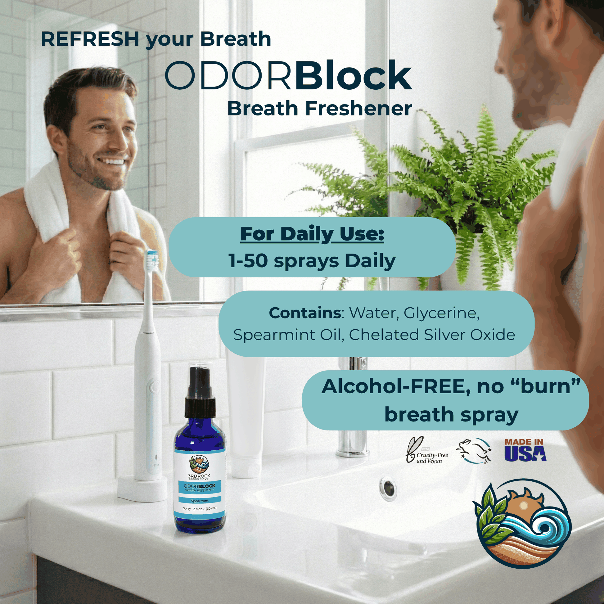 Breath freshener spray bottle with daily-use and alcohol-free claim graphic