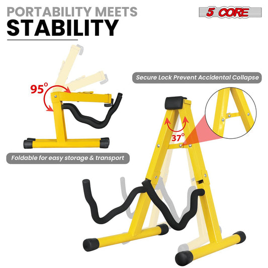 5 CORE Double Guitar Stand Floor 2Pcs Adjustable Heavy Duty A Frame Universal Folding Acoustic Electric Bass Mandolin Banjo Violin Holder Stands For On Stage Studio - GSS YLW 2PCS - Renee Lane Company