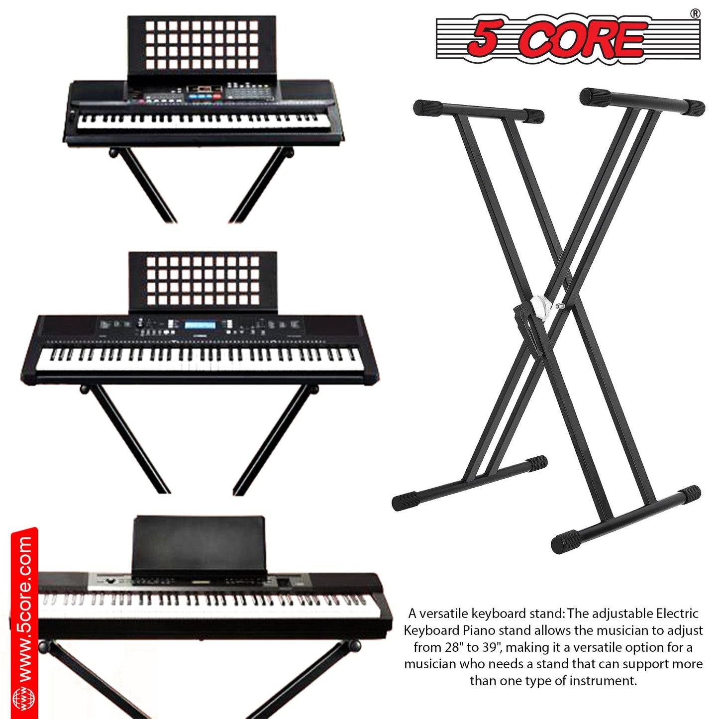 5 CORE Piano Keyboard Stand Double X Style Heavy Duty Adjustable Digital Electric Piano Riser Durable & Sturdy Music Synthesizer Holder Stands For Upto 88 Keys w Secure Locking Strap - KS 2X GEAR - Renee Lane Company
