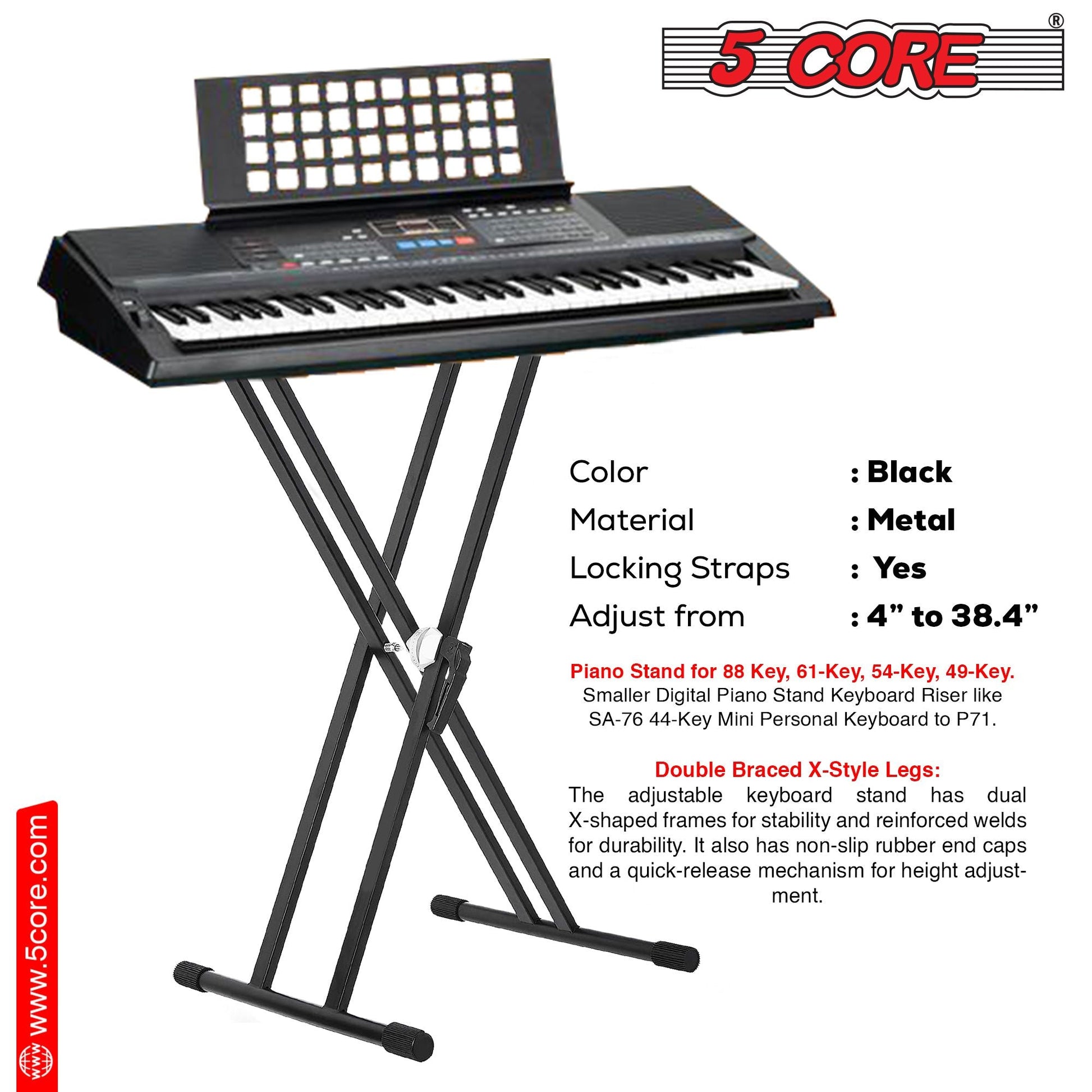 5 CORE Piano Keyboard Stand Double X Style Heavy Duty Adjustable Digital Electric Piano Riser Durable & Sturdy Music Synthesizer Holder Stands For Upto 88 Keys w Secure Locking Strap - KS 2X GEAR - Renee Lane Company