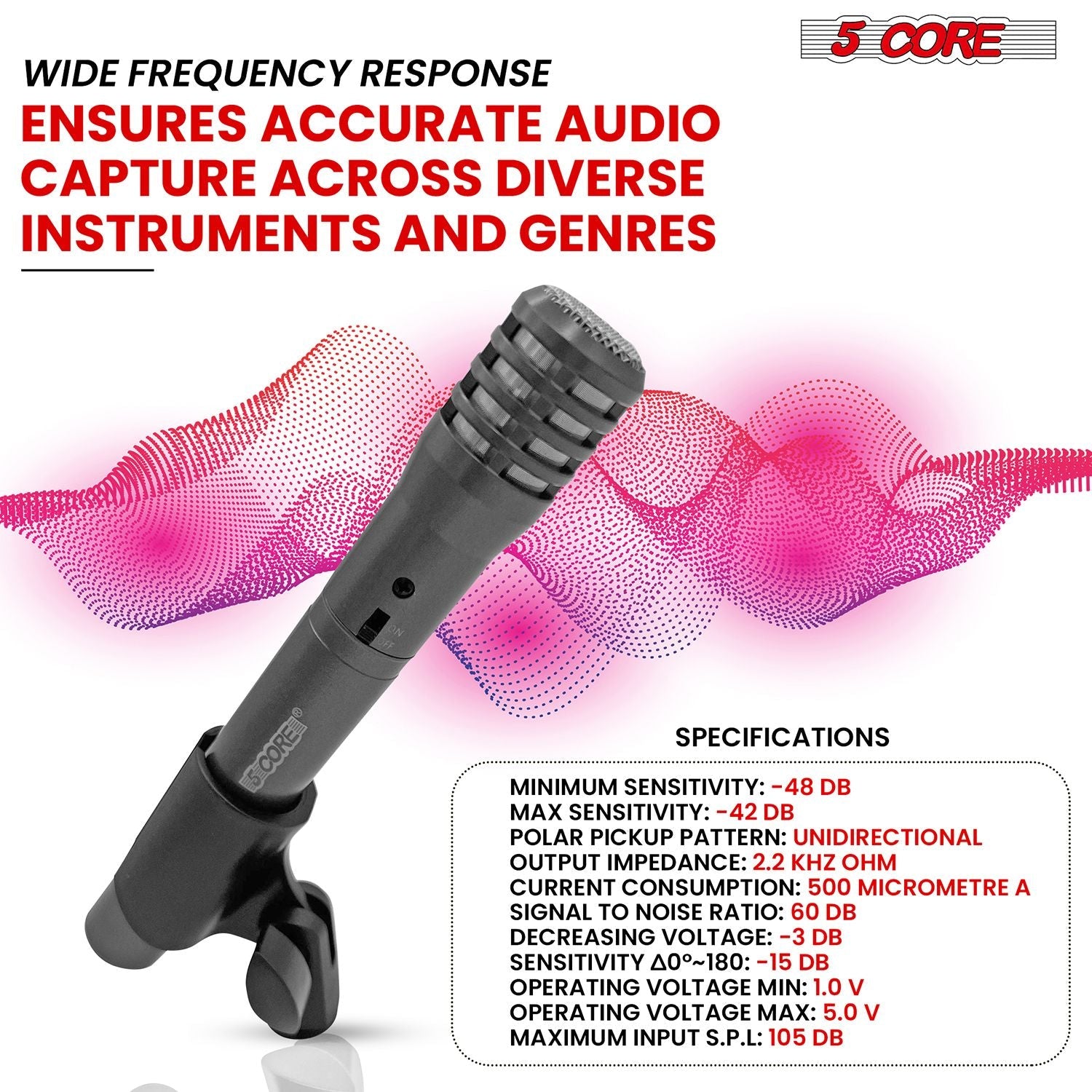 5 CORE Professional Instrument Microphone Pencil Mic Condenser Cardioid Unidirectional Stick Microfono with Windscreen Mic Clip & Case - INSTRU MIC 100 GREY - Renee Lane Company
