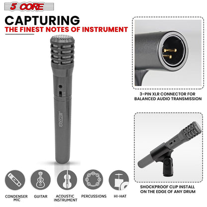 5 CORE Professional Instrument Microphone Pencil Mic Condenser Cardioid Unidirectional Stick Microfono with Windscreen Mic Clip & Case - INSTRU MIC 100 GREY - Renee Lane Company