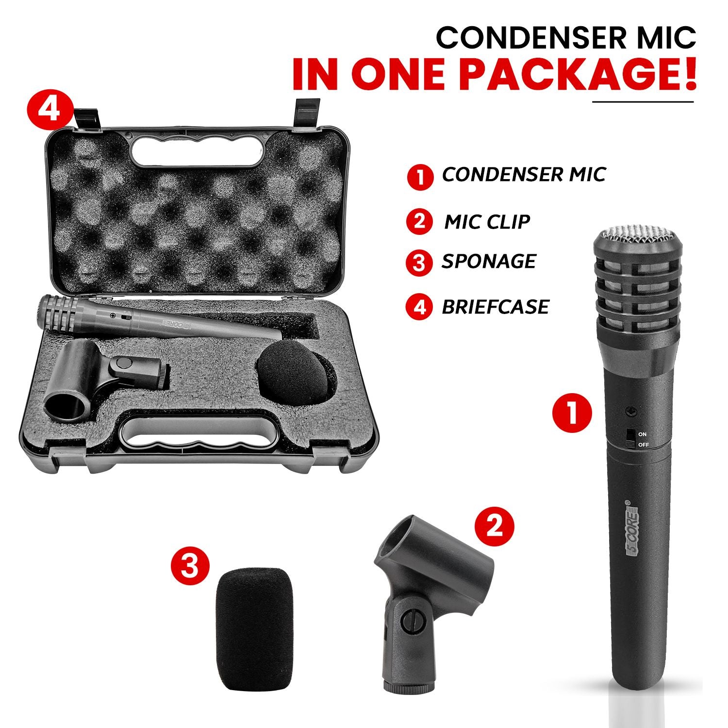 5 CORE Professional Instrument Microphone Pencil Mic Condenser Cardioid Unidirectional Stick Microfono with Windscreen Mic Clip & Case - INSTRU MIC 100 GREY - Renee Lane Company