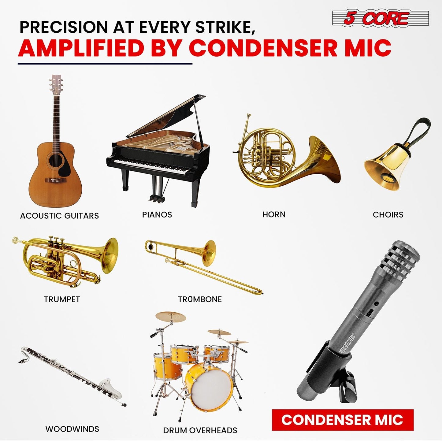 5 CORE Professional Instrument Microphone Pencil Mic Condenser Cardioid Unidirectional Stick Microfono with Windscreen Mic Clip & Case - INSTRU MIC 100 GREY - Renee Lane Company