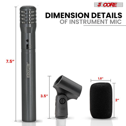 5 CORE Professional Instrument Microphone Pencil Mic Condenser Cardioid Unidirectional Stick Microfono with Windscreen Mic Clip & Case - INSTRU MIC 100 GREY - Renee Lane Company