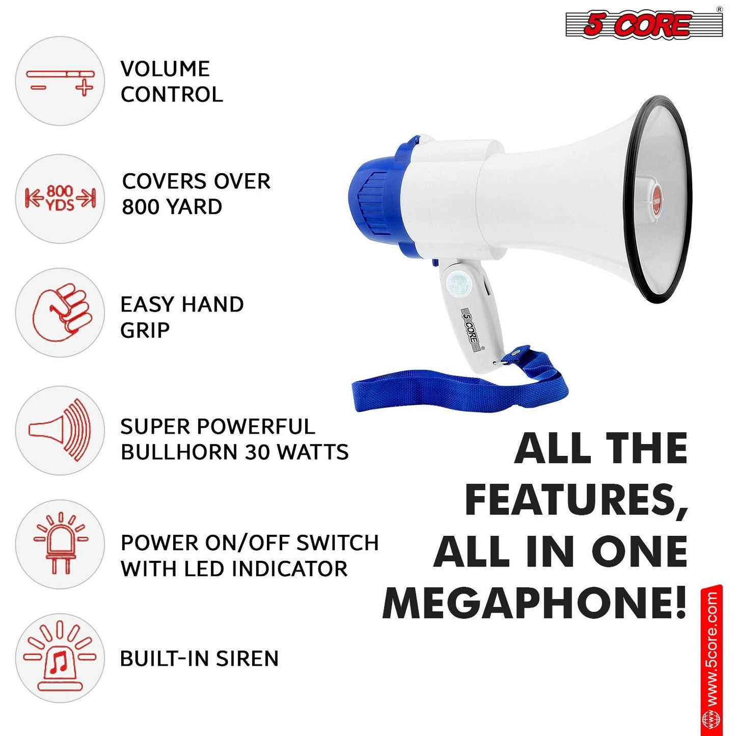 5 Core Megaphone 30W Bull Horn PA Speaker w 800 Yards Range USB Loud Siren Voice Amplifier Portable - Renee Lane Company
