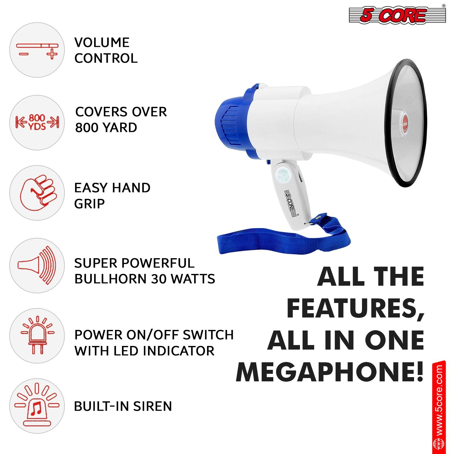 5 Core Megaphone 30W Bull Horn PA Speaker w 800 Yards Range USB Loud Siren Voice Amplifier Portable - Renee Lane Company